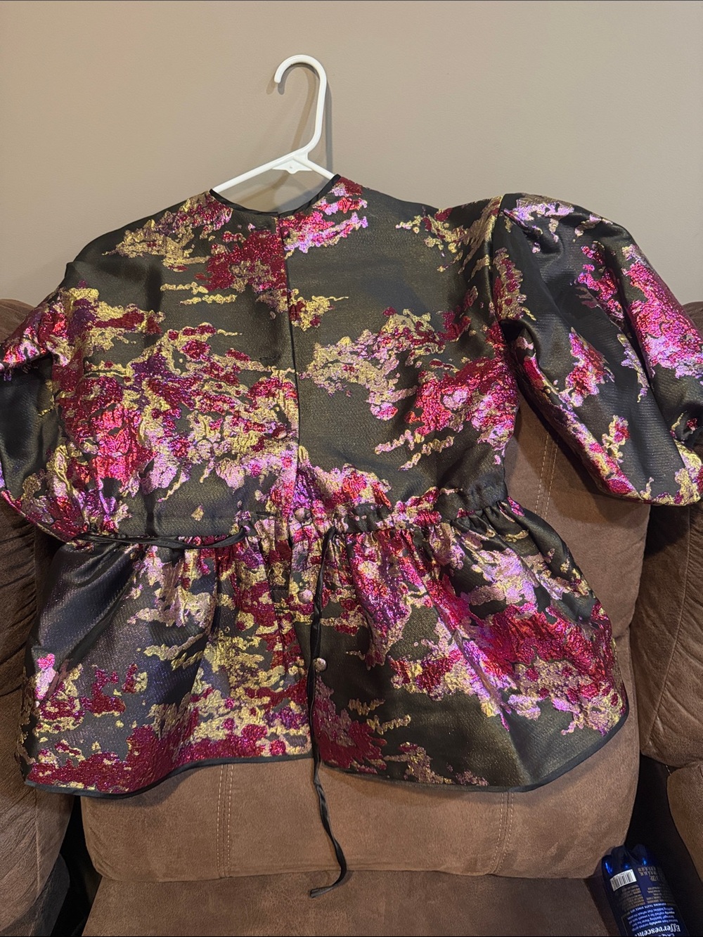 AKIRA Black Metallic Floral Peplum Blazer with Pink and Gold Accents